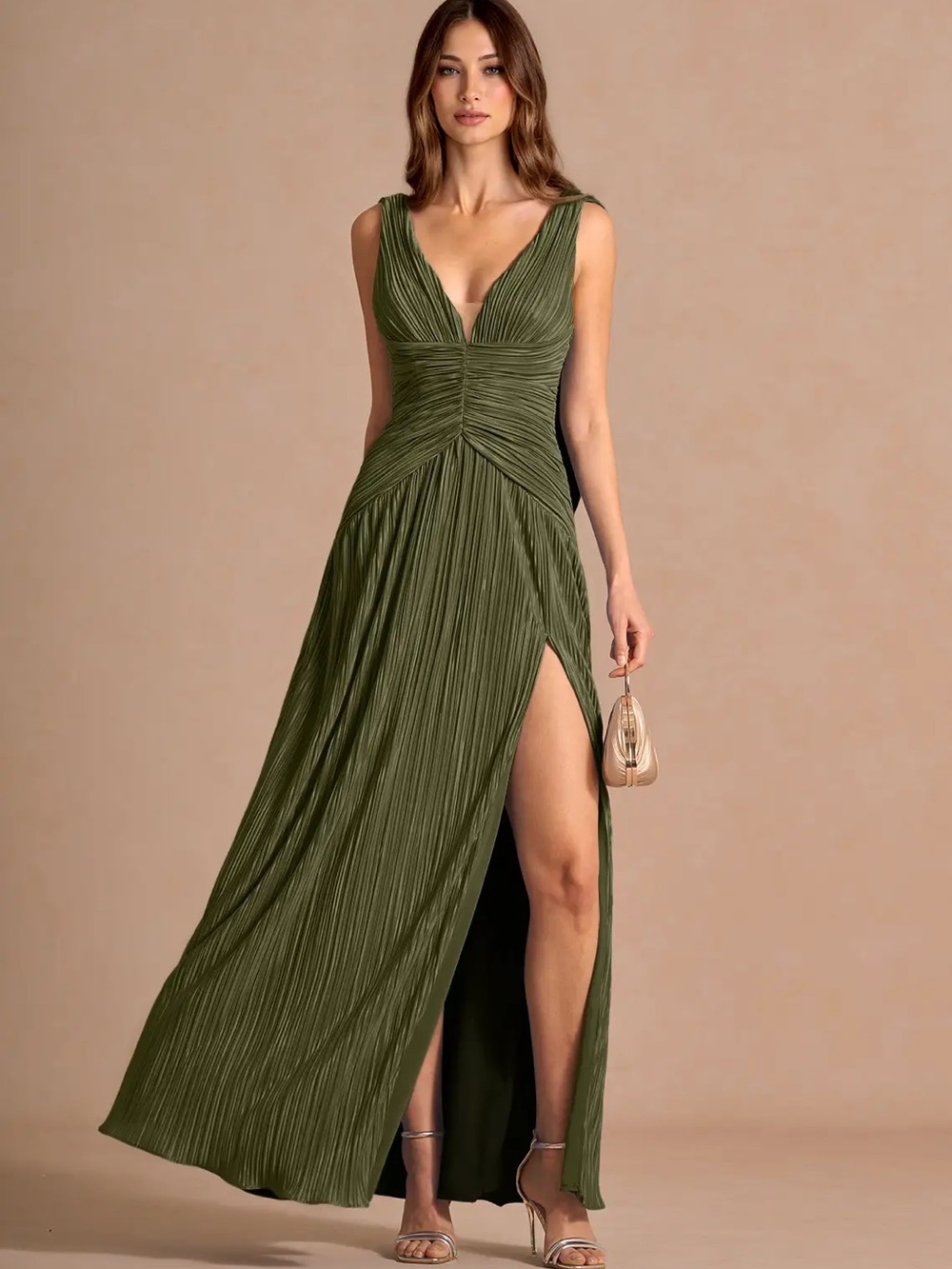 Azazie Olive Green Pleated V-Neck Formal Dress